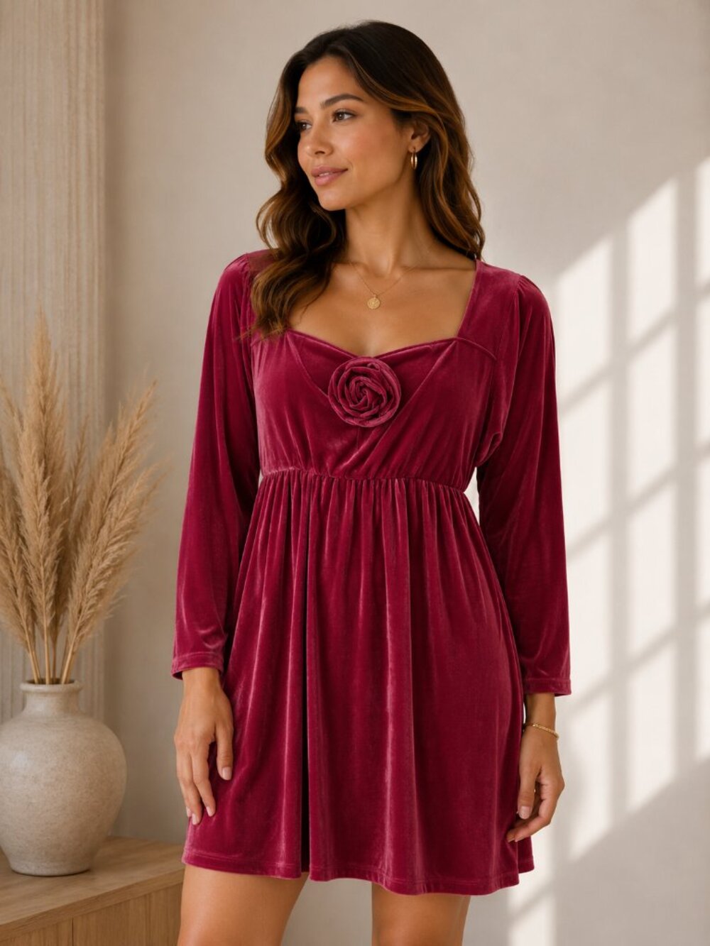 Ava & Viv Velvet Romantic Dress 3D Rose Detail Wine Red XXL